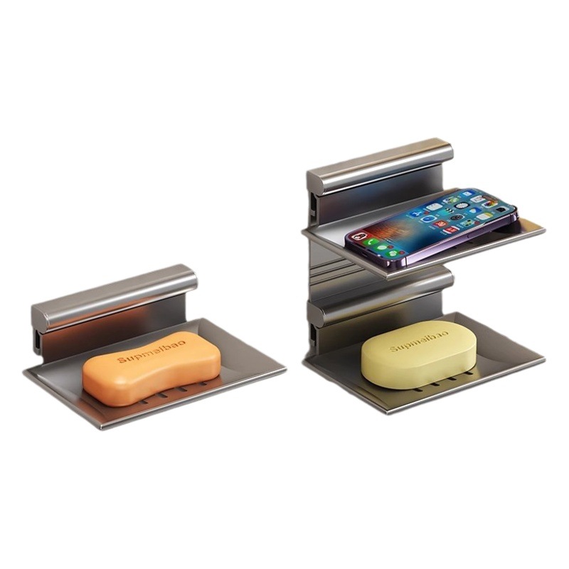 Caja de jabón de baño montado en la pared sin perforaciones estante de jabón de doble capa drenaje baño doméstico estante de almacenamiento de jabón