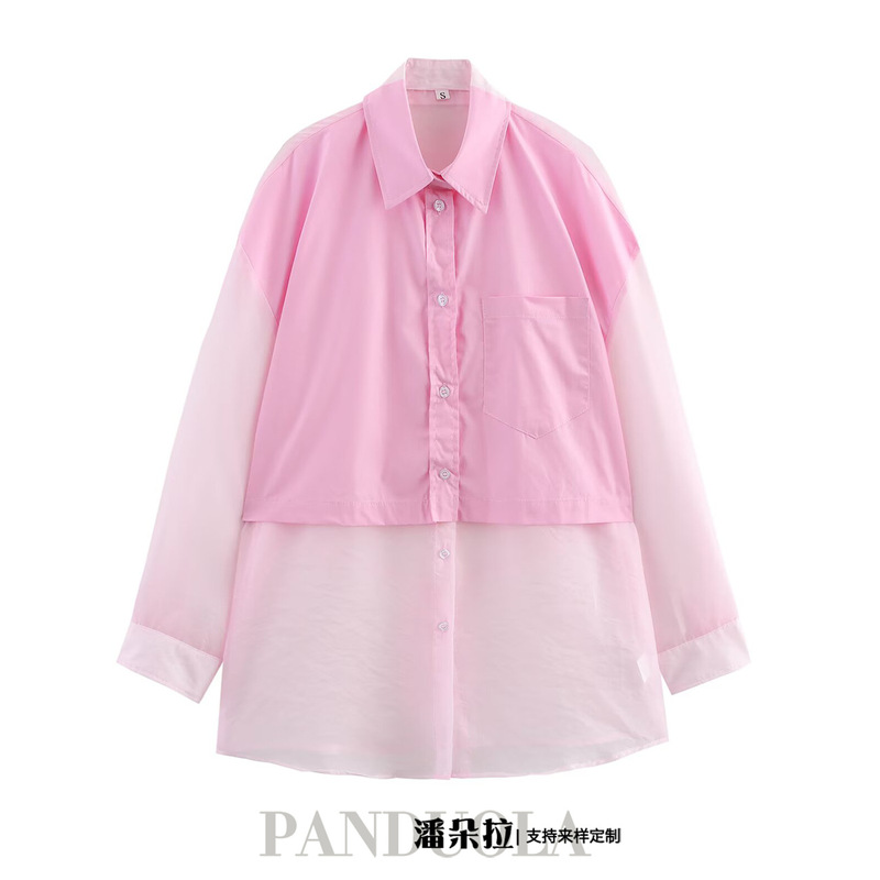Cross-Border European and American Clothing 2025 Spring and Summer New Fashion Casual Transparent Organza Splicing Loose Shirt 5063023 Cross-Border European and American Clothing 2025 Spring and Summer New Fashion Casual Transparent Organza Splicing Loose Shirt 5063023