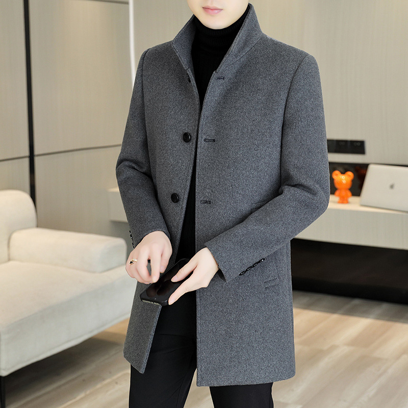 캐시미어 모직 가을 겨울 두꺼운 중간 길이 2025 신상 남성 스탠드 칼라 모직 코트 중간 길이 고급 캐주얼