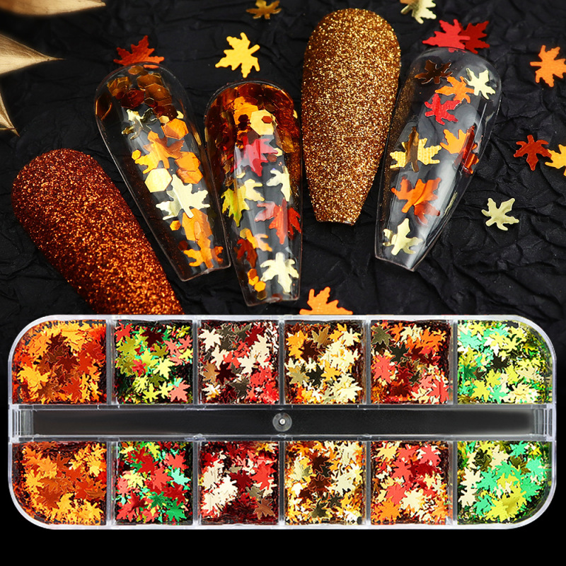 12-Grids Boxed Mixed Color Maple Leaf Nail Art Sequins Wholesale Mixed Size Leaves Autumn and Winter Christmas Nail Decorations