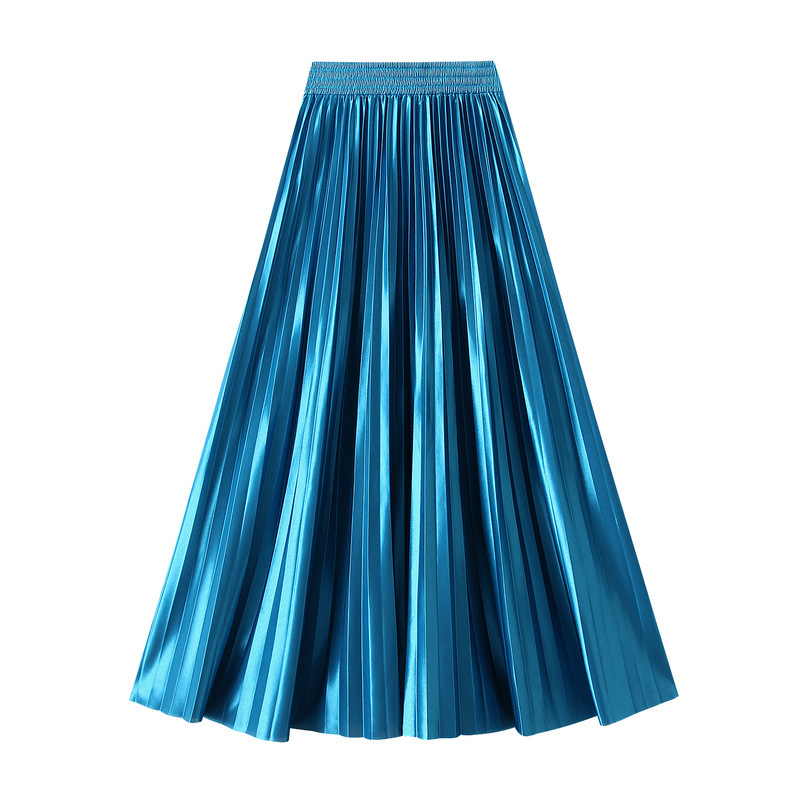 Korean Style Slimming Look Spring New Glossy High-Waisted Pleated A-Line Slimming Look Long Skirt Skirt for Women 6623