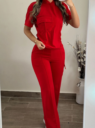 Women's Casual Hooded T-Shirt & Straight Leg Pants Set - Solid Color Lounge Outfit (S-XXL, Blue/Black/Gray/Red)_ecoleips.com