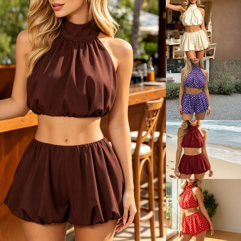 AliExpress European and American cross-border Amazon bestseller: sexy halter neck sleeveless top and bubble shorts two-piece set with polka dots AliExpress European and American cross-border Amazon bestseller: sexy halter neck sleeveless top and bubble shorts two-piece set with polka dots