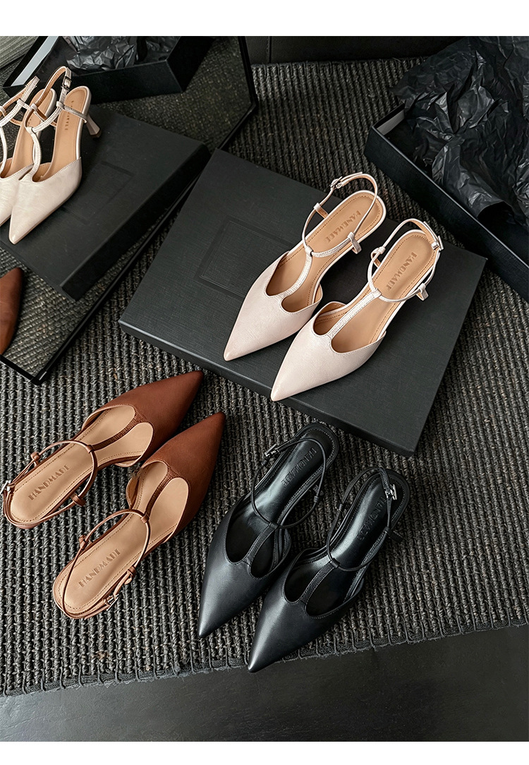 Sandal cao gót nữ mũi nhọn quai chữ T hở gót, da cừu, gót 5 cm — màu nâu chi tiết 28