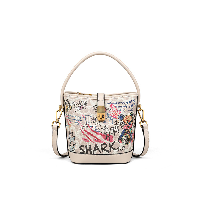 Túi bucket nữ đeo chéo họa tiết graffiti thiết kế độc đáo — kem trắng (viney)