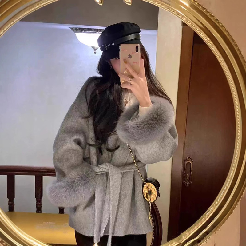 Autumn and Winter New Style High-End Lace-Up Fox Fur Coat with Fur Collar, Elegant Double-Sided Wool Coat for Women