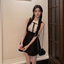 拼接蕾丝娃娃2025夏季气质修身连衣裙法式千金无袖A字裙收腰短裙