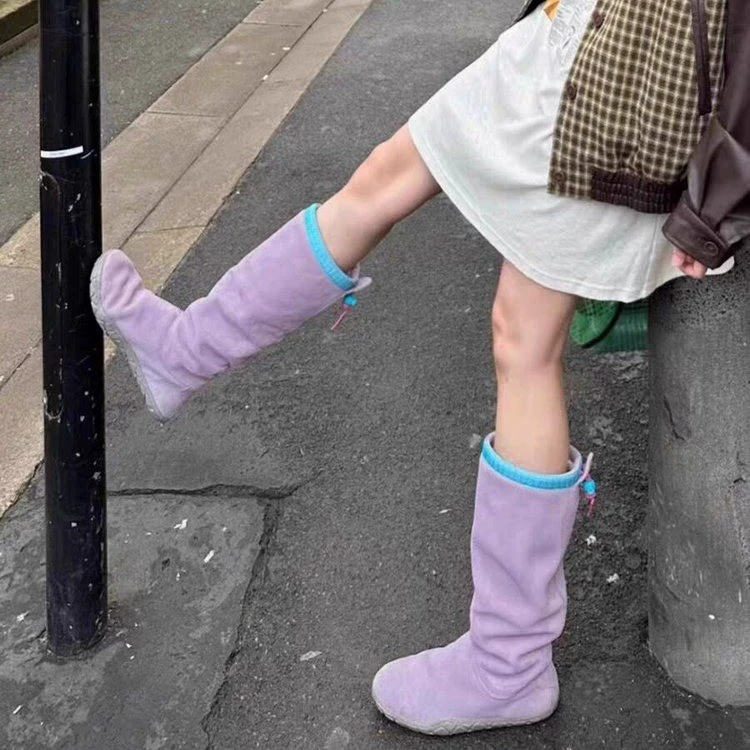 Нишевый дизайн фиолетовый сапоги женский 2024 осень-зима новый нескользящий теплый снежный сапоги круглый сапог