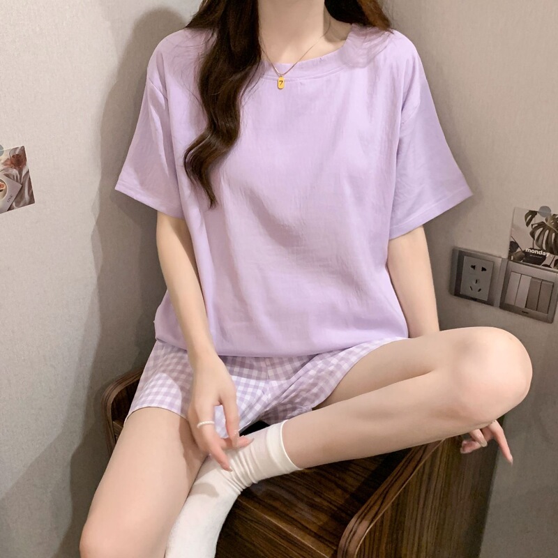 Summer Pajamas for Women, Cloud Cotton Short-Sleeved Shorts with Chest Pads, Round Neck Home Clothes, Cute Girl Dopamine Suit