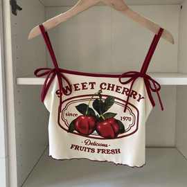 2025夏新款女宝樱桃蝴蝶结绑带吊带女童时尚无袖百搭露脐短款上衣