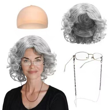 Old Lady Wig Set Oldladywig Gray Short Curly Hair Female Cos Easter Wig Yiwu Wholesale