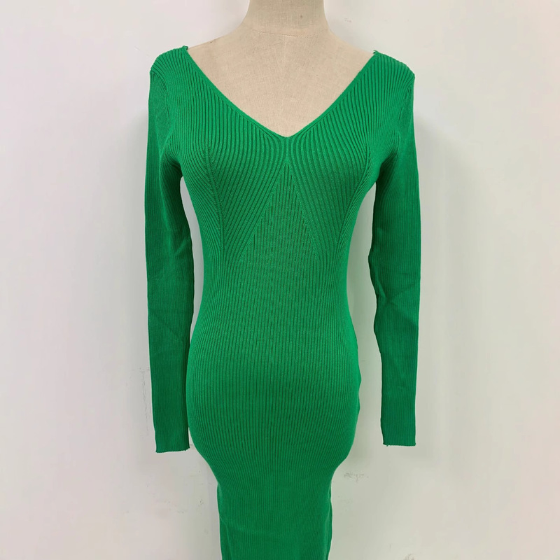 Socialite's Sexy Knitted Long-Sleeve V-Neck Slit Slim-Fit Ribbed Bodycon Mid-Length Sweater Dress