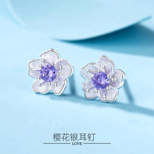 足银999耳钉纯银樱花耳钉镶锆石花卉小清新甜美日韩版学生气质耳