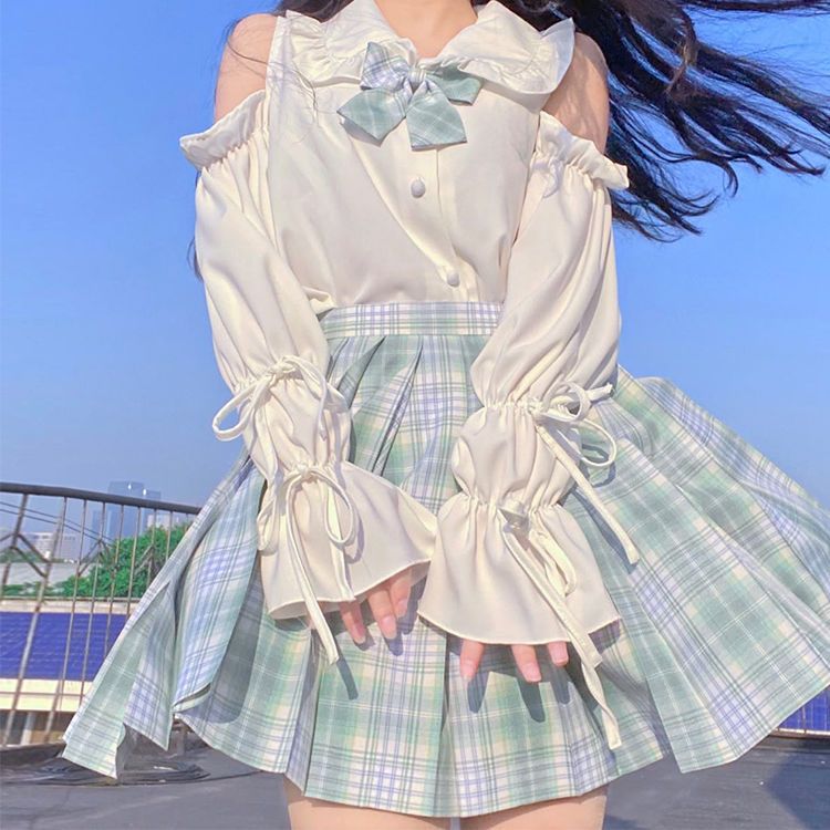 Green companion Cedar jk uniform plaid skirt doll collar shirt pleated skirt A- line high waist Japanese college style half-length