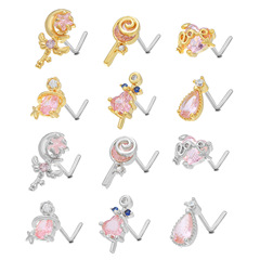 Fashionable geometric rhinestone nose stud, cross-border personalized stainless steel piercing L-thin rod jewelry for wholesale