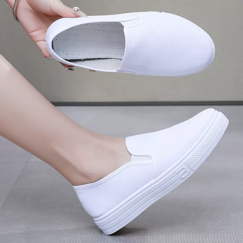 2025春季新款老北京小白布鞋女防滑厚底上班鞋一脚蹬纯色女鞋