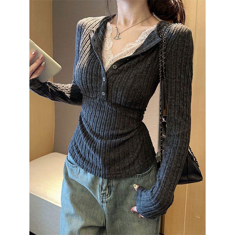 Cross-Border Elegant Gray Lace Fake Two-Piece Henry V Neck Knitted Top for Women Pure Desire Slim Long-Sleeved Bottoming Top