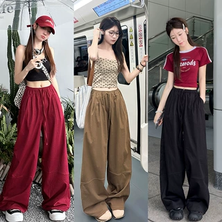 美式复古安可拉红拼接休闲裤女抽绳松紧腰慵懒宽松垂坠拖地阔腿裤