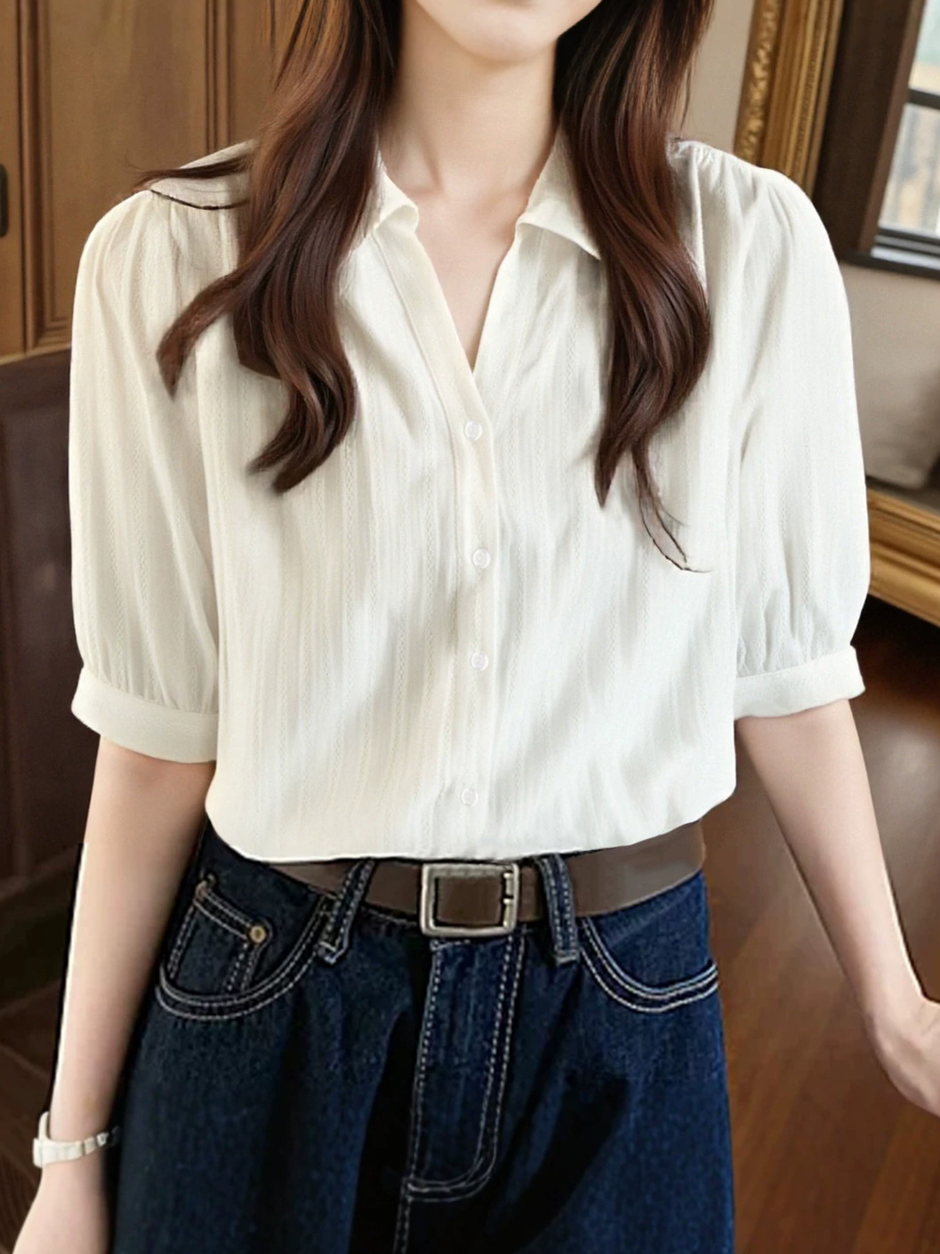 Áo sơ mi polo nữ tay ngắn cổ bẻ chất liệu cotton phối màu trơn thanh lịch — xanh lam
