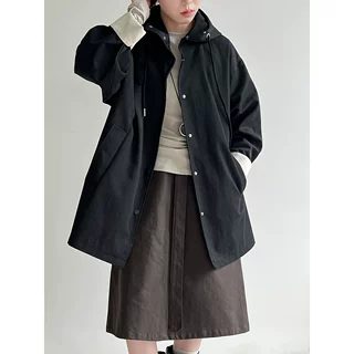 鹿西 韩系简约撞色拼接袖口休闲秋季新款连帽宽松风衣外套女9786
