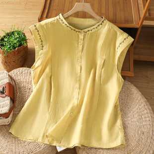 2025 New Summer Style Retro Embroidered Cotton and Linen Shirt, Feminine Stand-Up Collar Short-Sleeved Shirt, Summer Single-Breasted Top