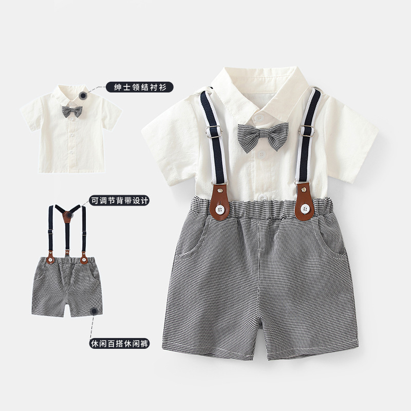Boys' Gentleman's Suit 2026 Summer New Style Children's Short-Sleeved White Shirt Overalls Campus Clothing