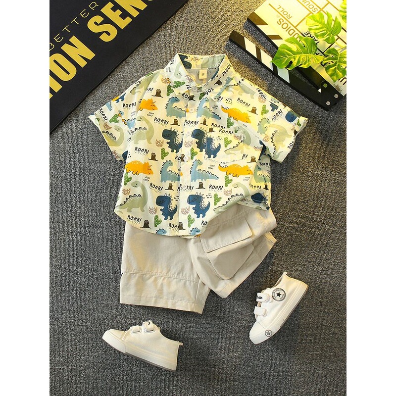 Boys Summer Suit 2025 New Style Baby Summer Popular Shirt Short-Sleeved Clothes Kidsren's Cool and Handsome Kidsren's Clothing