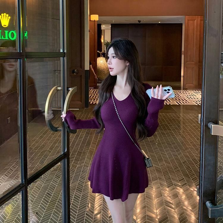 御姐风气质针织连衣裙女秋季长袖收腰显瘦v领裙子修身弹力a字短裙|undefined