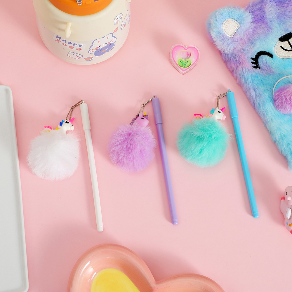 17g Weight Gel Pen Stationery Type Creative Cartoon Pen Students Hair Ball Pendant Neutral Pen Girls Handwritten Pen Kindergarten Gift