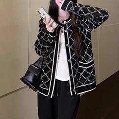 小清新设计感菱格毛衣外套女春秋中长款拼色菱形灰色针织开衫上衣