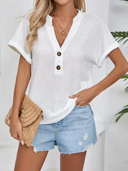 Amazon Cross-border New Casual Short-sleeved V-neck T-shirt Women's Waffle Button Spring and Summer Top temu Hot Selling