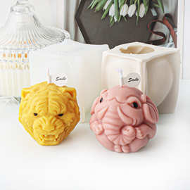 INS卡通圆球大象老虎头蜡烛模具DIY动物头像蜡烛树脂摆件硅胶模具