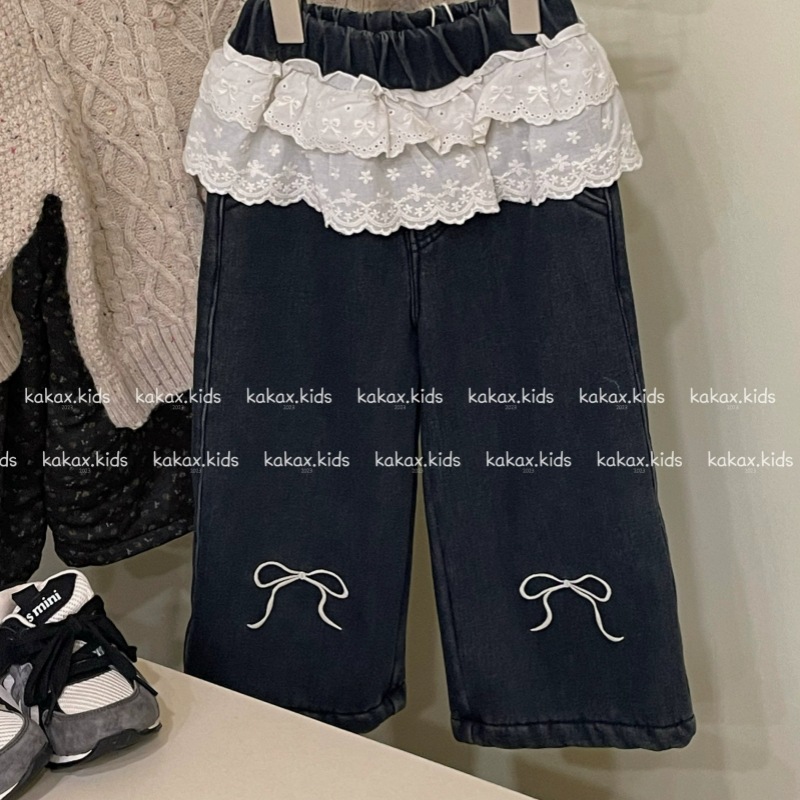 Fleece demi-season warm jeans with bow