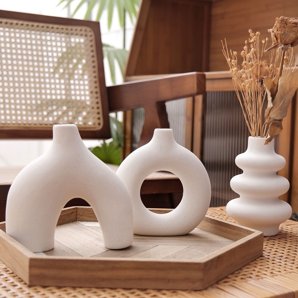 Jarrones Decorativos de Cerámica, Juego de 3 Piezas, Porcelana Blanca, Diseño Geométrico, para Decoración del Hogar