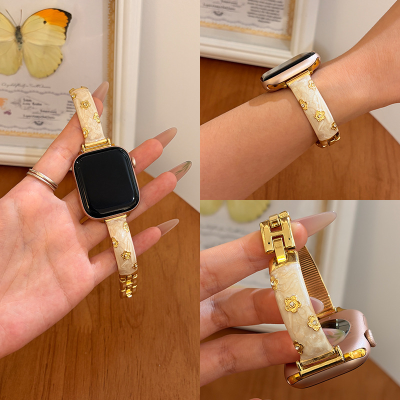 Suitable for Huawei Apple Watch, Light Luxury Gold-Plated Flower Metal Chain Wristband, Flower Diamond Resin Bracelet Watch Strap for Women