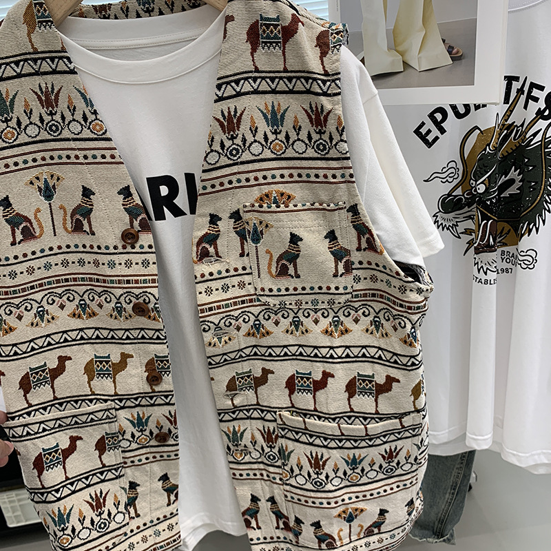 Nuevo cross-border jacquard de doble cara pesado estilo nacional retro V-collar chaleco casual japonés para hombres y mujeres chaqueta pequeña de marea