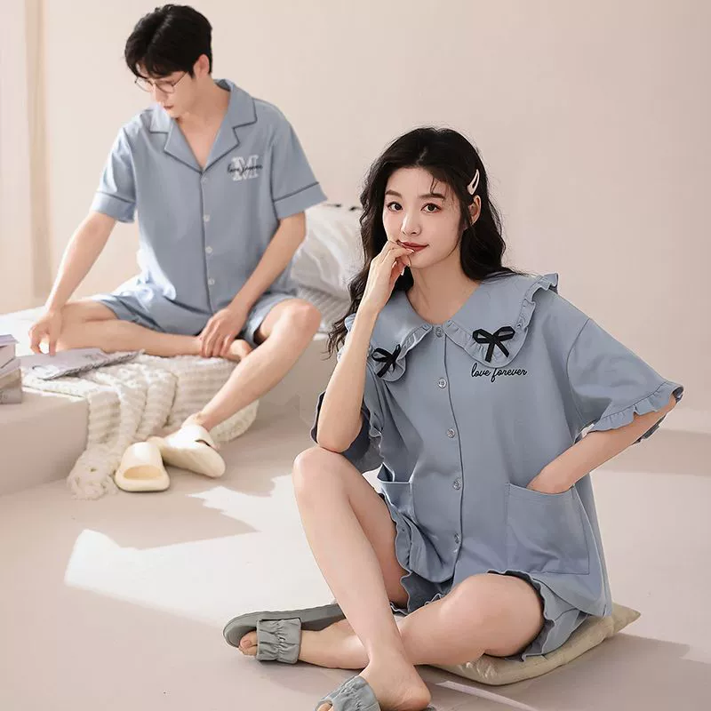 2 комплекта летних пижам для пар, одного мужчины и одной женщины, шорты из лайкры и хлопка с короткими рукавами, свободная тонкая домашняя одежда большого размера.