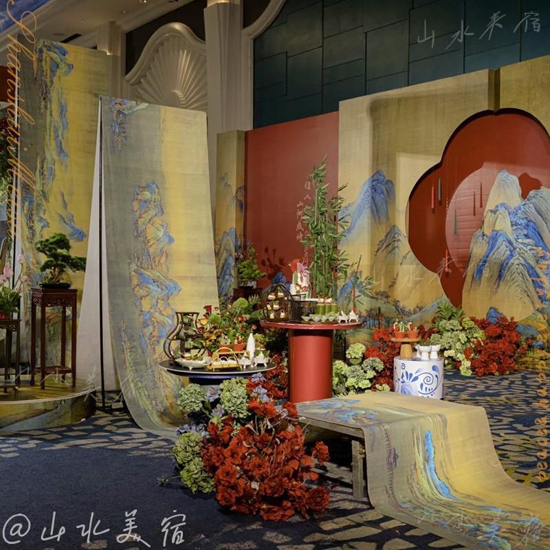 QIANLI JIANGSHAN 중국 스타일의 찻집 배경 천 거즈 커튼 연꽃 안뜰 반투과성 거즈 교수형 커튼 결혼식 준비 교수형 천 장식