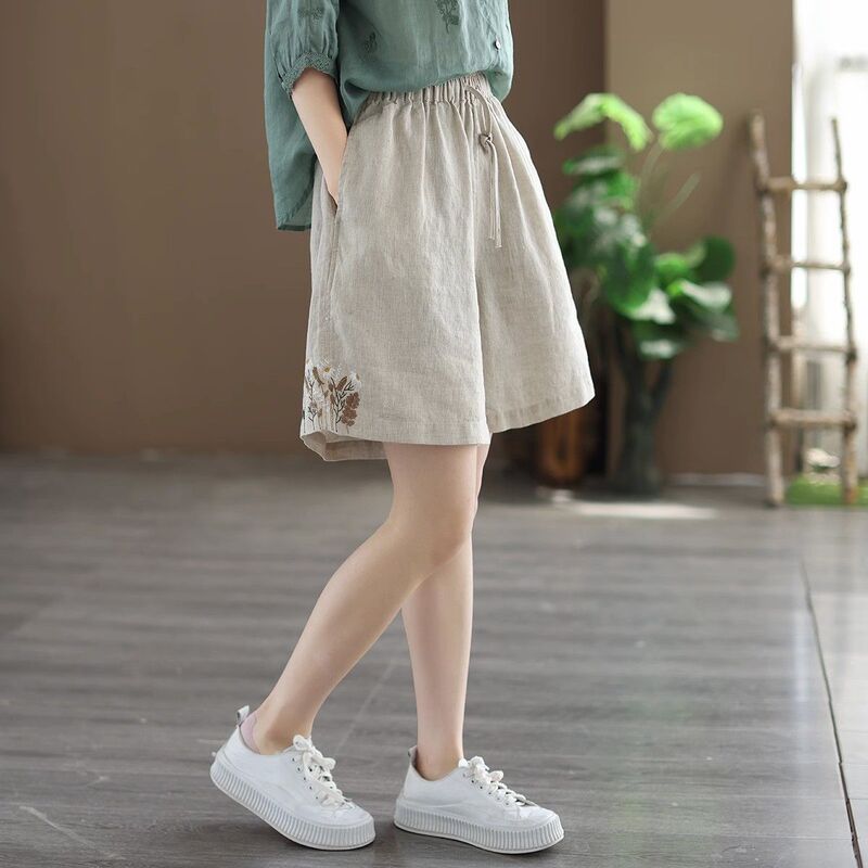 Summer New Women's High-Waisted Embroidered Versatile Straight Shorts, Thin Comfortable Breathable Cotton-Linen Quarter-Length Casual Shorts