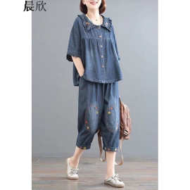 牛仔布/棉套装女夏薄款中老年人妈妈装肥胖女装胖遮肉刺绣宽松两