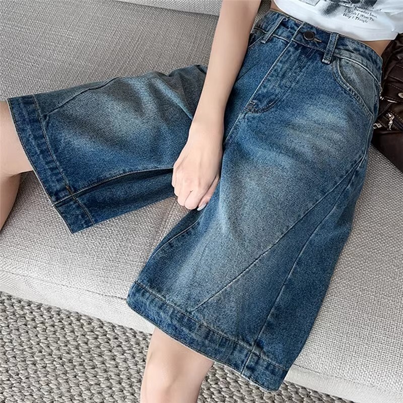 Vintage High-Waisted Denim Wide-Leg Shorts for Women, Summer Korean Style Casual Loose Drape Mid-Length Versatile Five-Point Shorts