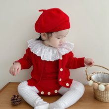韩版婴儿衣服秋装女宝宝百天周岁礼服秋冬毛衣连体衣外套套装
