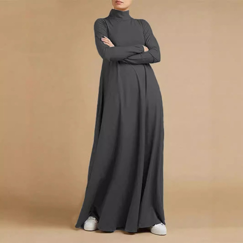 Factory Autumn Street Fashion Muslim Elegant Long Dress with Long Sleeves and High Collar