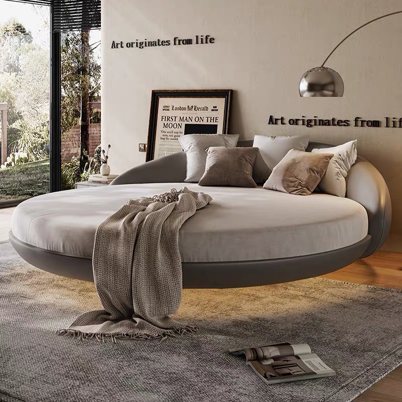 Genuine Leather Large Round Bed Modern Minimalist Double Bed Suspended Romantic Couple Hotel Hotel B&B Internet Celebrity Princess Bed