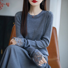 跨境蕾丝拼接长袖针织衫女精纺打底毛衣2025秋冬新款气质修身上衣