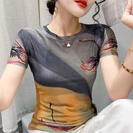 欧洲站女装批发工厂2023复古文艺范晕染渐变色上衣棉纱大码微胖