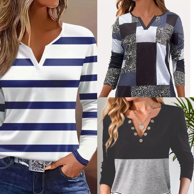 Europe and the United States cross-border foreign trade women's clothing explosion independent station shein Amazon temu leisure printing V-neck long sleeve T-shirt