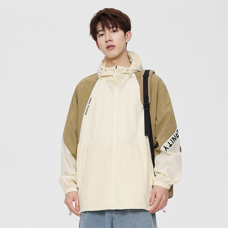トレンディなブランドの高品質カップルフード付き日焼け防止服メンズ夏の抗 UV 薄いコントラストカラーコートメンズスキン服|undefined