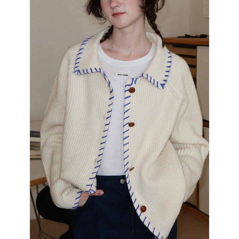 2572 # Clearance Letm Iceland Blue 650g High Weight Handmade Color-Block Knitted Cardigan Sweater