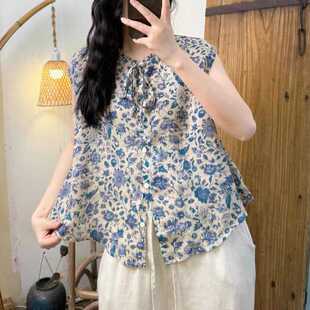 Real Shot of 2025 Retro Printed Fungus Collar Lace-Up Ramie Sleeveless Shirt Floral Literary Versatile Thin Top for Women